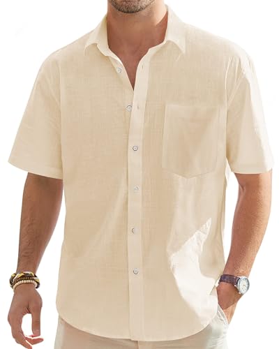 T Shirt Herren Sommer Leinenhemd Leicht Casual Button Down T-Shirts Kurzarm Rever Oberteile Einfarbig Tshirt für Männer Strand Sommer Tops von CSHE