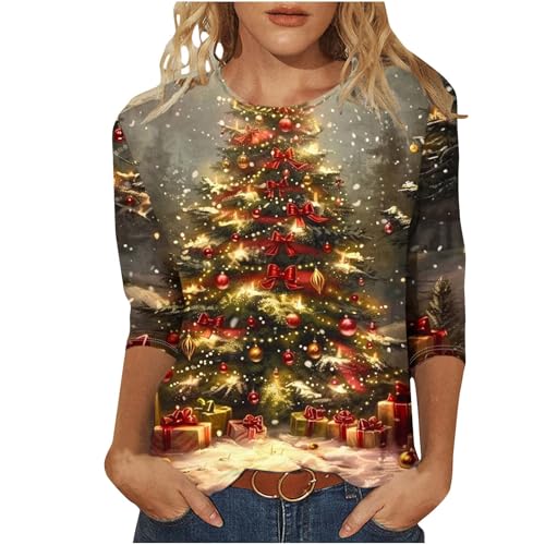 Weihnachtsshirt Damen 3/4 Ärmel lockeres Top Langarm Rundhalsausschnitt Shirts Weihnachtsschneeflocke Drucken Tshirts Weihnachtspullover Christmas Tree Langarmshirt Oberteile für Frauen von CSHE