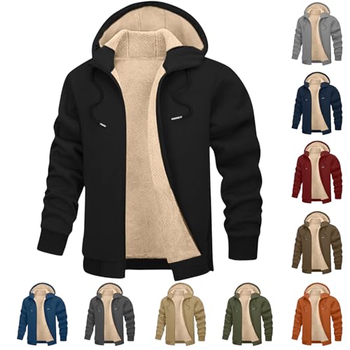 Winterjacke Herren Warme Fleecejacke mit Kapuze Winter Gefüttert Kapuzenjacke Casual Einfarbige Reißverschluss Sweatjacke Teddyfleece Jacken mit Kordelzug Taschen von CSHE