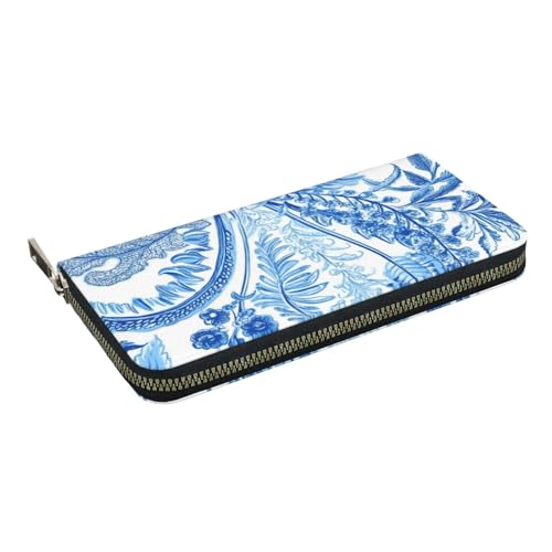 CSIVKEJ Geldscheinklammer mit Reißverschluss, PU-Leder, lang, mit Kartenfächern, Blau und Weiß Paisley 20, Einheitsgröße, Zeitgenössisch von CSIVKEJ