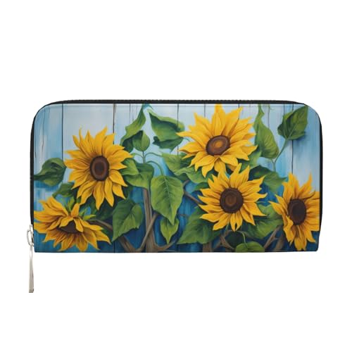 CSIVKEJ Geldscheinklammer mit Reißverschluss, PU-Leder, lang, mit Kartenfächern, Blaues Holzbrett Sonnenblume 6, Einheitsgröße, Zeitgenössisch von CSIVKEJ