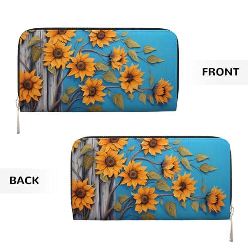 CSIVKEJ Geldscheinklammer mit Reißverschluss, PU-Leder, lang, mit Kartenfächern, Blaues Holzbrett Sonnenblume 7, Einheitsgröße, Zeitgenössisch von CSIVKEJ