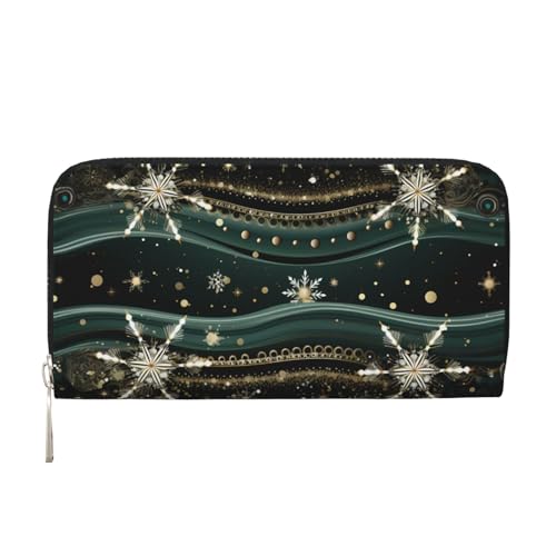 CSIVKEJ Geldscheinklammer mit Reißverschluss, PU-Leder, lang, mit Kartenfächern, Grüne Schneeflocken 1, Einheitsgröße, Zeitgenössisch von CSIVKEJ