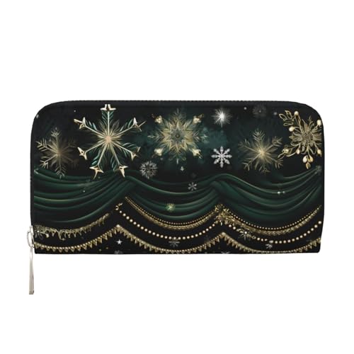 CSIVKEJ Geldscheinklammer mit Reißverschluss, PU-Leder, lang, mit Kartenfächern, Grüne Schneeflocken 20, Einheitsgröße, Zeitgenössisch von CSIVKEJ