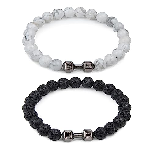 CSIYANJRY99 2-teiliges Hantelarmband für Herren, Fitnessstudio, Bros, Perlenarmband, schwarzes Langhantel-Armband, natürlicher Vulkanstein, Armband-Set, Fitness-Schmuck, 7.5 inches, Stein, Kein von CSIYANJRY99