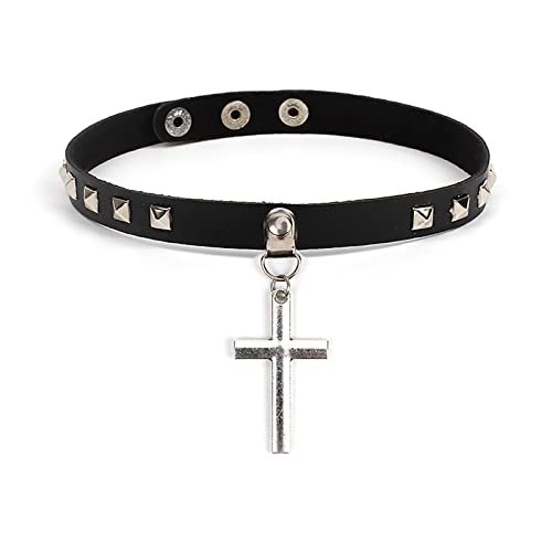 CSIYANJRY99 Nieten Choker Leder Choker Halskette Cosplay Choker Kreuz Anhänger Cosplay Zubehör für Frauen und Mädchen Halloween Party Kunstleder Kein Edelstein von CSIYANJRY99