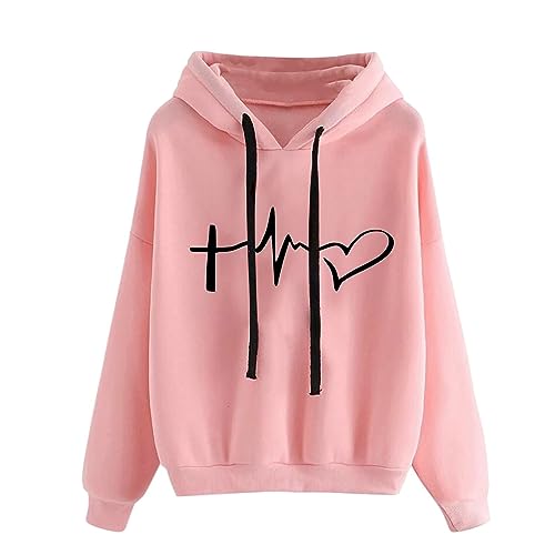 1 Euro Artikel - Sweatshirts für Damen Kapuzenpullover Kapuze Solid Hoodie Festliche Süß Sportshirt Lässig Mantel Wärmer Outdoor Jacken Y2k Sweatshirtjacke Herzdruck Pulli Oversize, Rosa, L von CSKJ