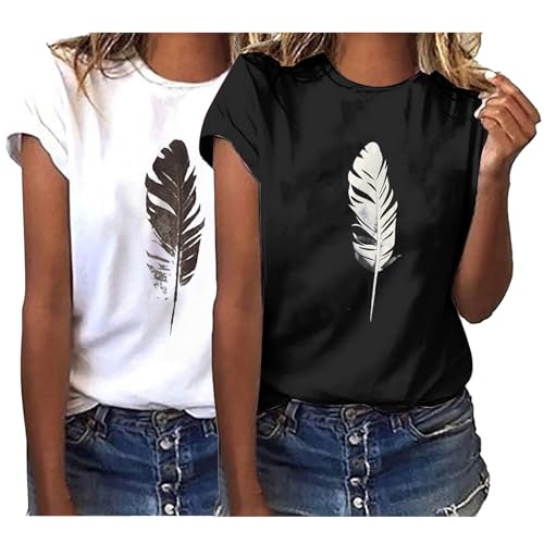 2er Pack Damen T-Shirt Schwarz oder weiß Kurzarm lang Basic Sommer T-Shirts von CSKJ