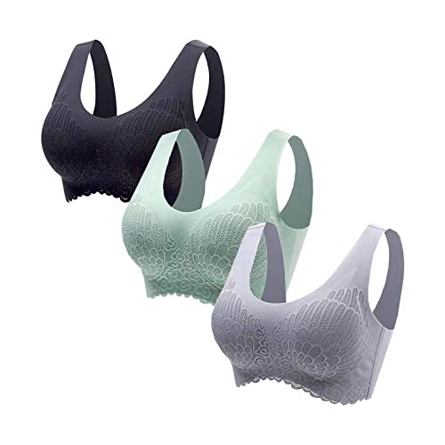 3 Pcs BH Damen Ohne Bügel Sport BH Bequem Nahtlose Unterwäsche Frauen Sehr Weich Push Up BHS Spitze für Schlafen Fitness Laufen Yoga Bustier Wohlfühl BHS, Angebote 99 Cent, Multicolor, XX-Large von CSKJ