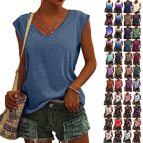 99 Cent Angebote - Bluse Damen Elegant Ärmellos T-Shirt Einfarbig Frauen Kleidung Tops Shirt Lässig Frau Oberteile Sommer Tshirt V-Ausschnitte Klamotten Teenager Mädchen, Blau, XL von CSKJ