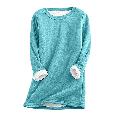 Amazon - Damen Teddy Fleece Sweatshirt Warme Sherpa Gefüttertes Pullover Herbst Winter Casual Pulli Langarmshirt Oberteile Tops Rundhals Einfarbig Thermounterwäsche, himmelblau, 4XL von CSKJ