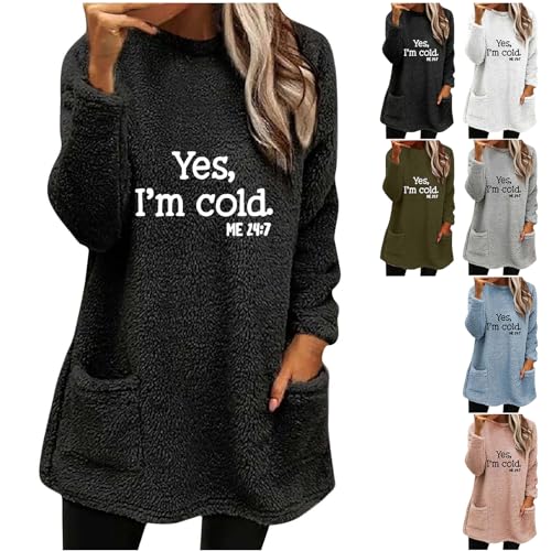 Amazon Damen Teddy Fleece Sweatshirt mit Taschen Warmes Sherpa Gefüttertes Pullover Winter Casual Langarmshirt Oberteile Einfarbig Thermounterwäsche, Schwarz, 3XL von CSKJ