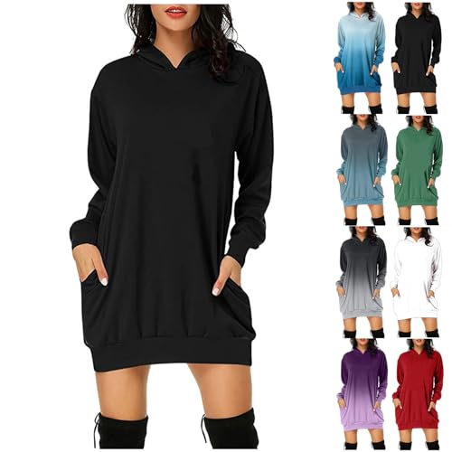 Amazon - Hoodie Damen Lang Casual Langarm Pullover Sweatshirt mit Kapuze Taschen Lose Kapuzenpullover Mini Kleid Elegante Herbst Winter Baumwolle Oversized Pulloverkleider Hoodie Kleid, Schwarz, XXL von CSKJ