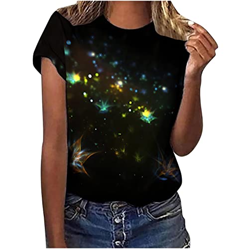 Amazon Outlet - Tshirt Damen Galaxie Drucken Damen Bluse Kurzarm Rundhalsausschnitt T-Shirt Damen Locker Frauen Oberteile Sommer Alltag Crop Top Teenager Mädchen Kleidung, Schwarz, L von CSKJ