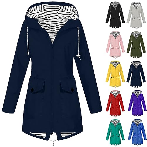 Amazon - Regenjacke Damen Wasserdicht Atmungsaktiv 5xl Große Größen Regenmantel Schwarz Softshelljacke Gelb Outdoorjacke Übergangsjacke Leichte Jacke mit Kapuze für Frühlings Herbst, Marineblau, XL von CSKJ