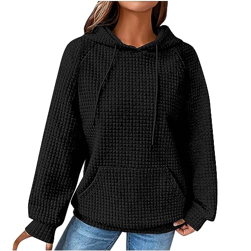 Amazon Warehouse Deal - Kapuzenpullover Damen Vintage Waffel Pullover mit Kapuze Sweatshirt Casual Langarm Hoodie Langarmshirt Baumwolle Sport Kapuzenpulli Herbst Winter Warm Outwear, Schwarz, XXL von CSKJ