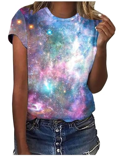 Ausgefallene Tshirt Damen Galaxie Drucken Bluse Kurzarm Rundhalsausschnitt T-Shirt Locker Frauen Oberteile Sommer Alltag Crop Top Sport T-Shirts Teenager Mädchen Kleidung Y2k Sommerkleidung Damen von CSKJ