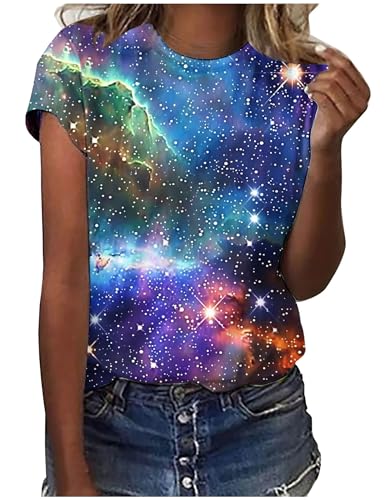 Ausgefallene Tshirt Damen Galaxie Drucken T-Shirt Bluse Kurzarm Shirt Rundhalsausschnitt Locker Frauen Oberteile Sommer Alltag Crop Top Sport T-Shirts Teenager Mädchen Kleidung Y2k Sommerkleidung von CSKJ