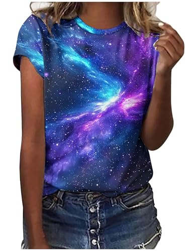 Ausgefallene Tshirt Damen Galaxie Drucken T-Shirt Bluse Kurzarm Shirt Rundhalsausschnitt Locker Frauen Oberteile Sommer Alltag Crop Top Sport T-Shirts Teenager Mädchen Kleidung Y2k Sommerkleidung von CSKJ