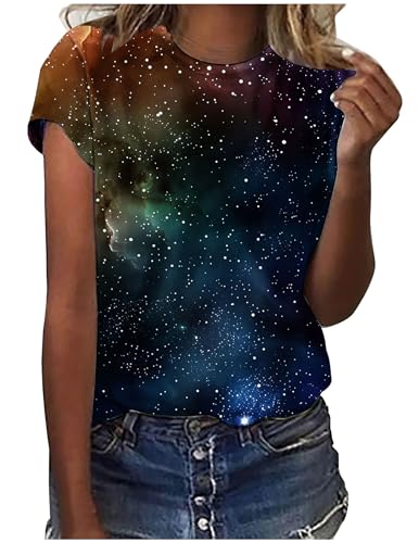Ausgefallene Tshirt Damen Galaxie Drucken T-Shirt Bluse Kurzarm Shirt Rundhalsausschnitt Locker Frauen Oberteile Sommer Alltag Crop Top Sport T-Shirts Teenager Mädchen Kleidung Y2k Sommerkleidung von CSKJ