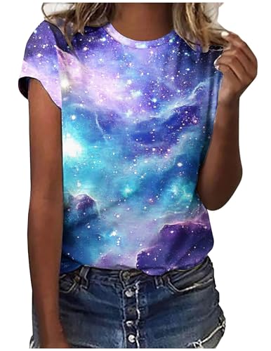 Ausgefallene Tshirt Damen Galaxie Drucken T-Shirt Bluse Kurzarm Shirt Rundhalsausschnitt Locker Frauen Oberteile Sommer Alltag Crop Top Sport T-Shirts Teenager Mädchen Kleidung Y2k Sommerkleidung von CSKJ