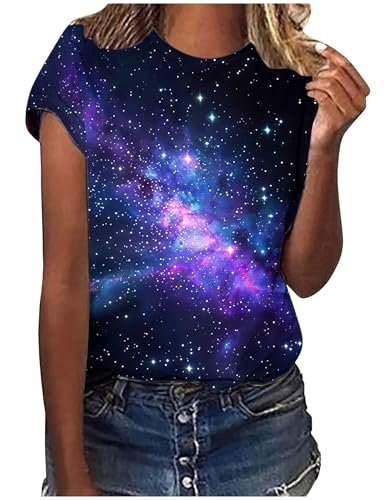 Ausgefallene Tshirt Damen Galaxie Drucken T-Shirt Bluse Kurzarm Shirt Rundhalsausschnitt Locker Frauen Oberteile Sommer Alltag Crop Top Sport T-Shirts Teenager Mädchen Kleidung Y2k Sommerkleidung von CSKJ