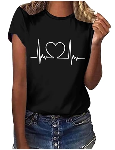 Ausgefallene Tshirt Damen Valentinstag Herz Drucken T-Shirt Weiss Bluse Elegant Kurzarm Shirt Rundhals Sportshirt Locker Frauen Oberteile Sommer Alltag Crop Top Teenager Mädchen Sommerkleidung von CSKJ