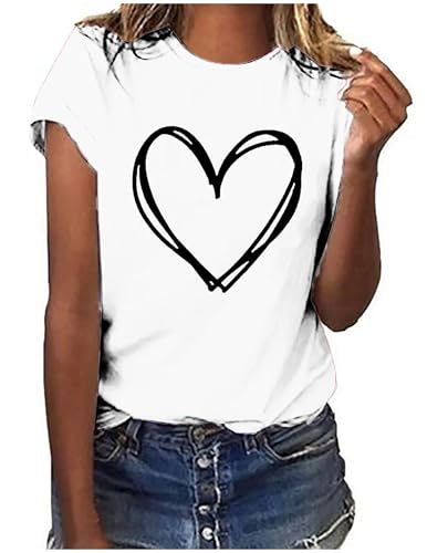 Ausgefallene Tshirt Damen Valentinstag Herz Drucken T-Shirt Weiss Bluse Elegant Kurzarm Shirt Rundhals Sportshirt Locker Frauen Oberteile Sommer Alltag Crop Top Teenager Mädchen Sommerkleidung von CSKJ