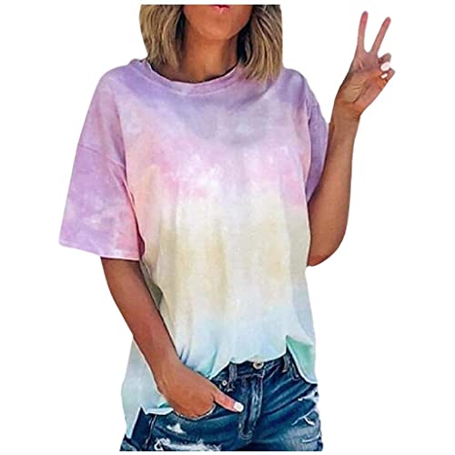 Befristetes Angebot Farbverlauf Druck Tshirt Damen Lässige Oberteile Pullover T-Shirt Einfarbiges Basic Shirt Rundhals Kurzarm Sommer Tops Lockere All-Match Tunika Bluse Laufshirt Sportshirt von CSKJ