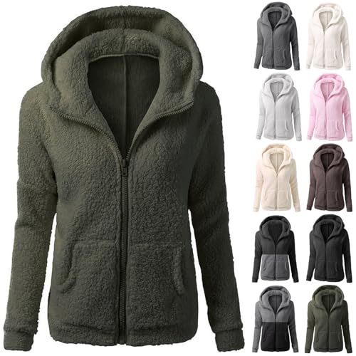 Beste Freundin Geschenke - Fleecejacke Damen Kapuzenpullover Hoodie mit Zipper Teddyjacket Sweatshirt Basic Kapuzenjacke Causal Sweatjack Plüschjack Jacket Winter Warm Einfarbig Hoodies, armeegrün, M von CSKJ