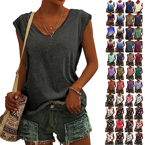 Blitzangebote - Bluse Damen Elegant Ärmellos T-Shirt Einfarbig Frauen Kleidung Tops Shirt Lässig Frau Oberteile Sommer Tshirt V-Ausschnitte Klamotten Teenager Mädchen, Dunkelgrau, XXL von CSKJ