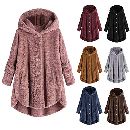 Blitzangebote Des Tages - Teddy Mantel Damen Plüschjacke Fleecejacke Winterjacke Lang Warm Gefüttert Fleecemantel Lässige Kuscheljacke Flauschig Wintermantel Knopf Kapuzenjacke mit Taschen, Rosa, 5XL von CSKJ