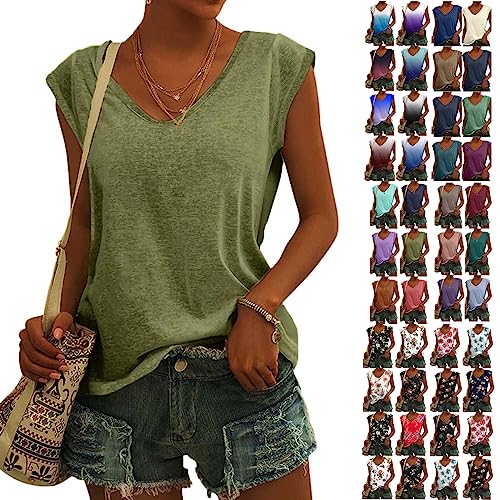 Blitzangebote des Tages Heute - Bluse Damen Elegant Ärmellos T-Shirt Einfarbig Frauen Kleidung Tops Shirt Lässig Frau Oberteile Sommer Tshirt V-Ausschnitte Klamotten Teenager Mädchen, Armeegrün, XXL von CSKJ