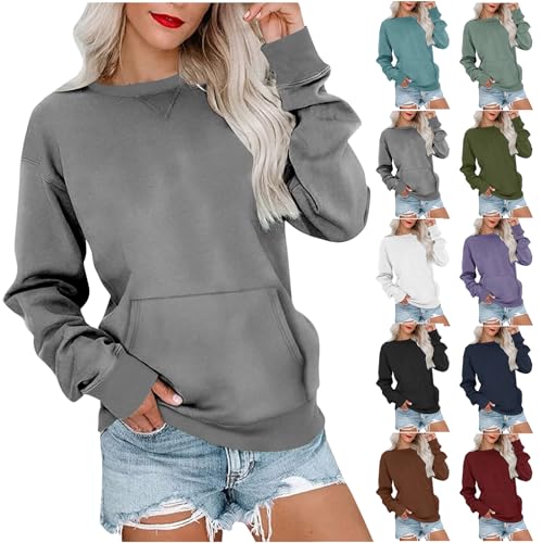 Blitzangebote des Tages Sweatshirts Damen Rundhals Langarmshirt Herbst Winter Pullover Casual Basic Oberteile Tops mit Taschen Langarm Pulli Warme Oberteile S-2XL, Grau, M von CSKJ