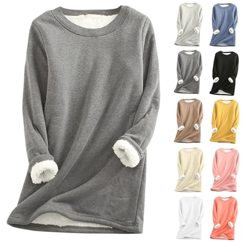 Bluse Damen - Damen Teddy Fleece Sweatshirt Warme Sherpa Gefüttertes Pullover Herbst Winter Casual Pulli Langarmshirt Oberteile Tops Rundhals Einfarbig Thermounterwäsche, dunkelgrau, 3XL von CSKJ