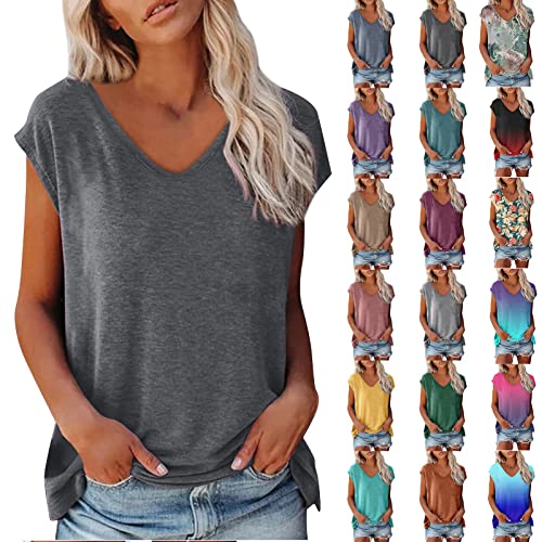 Bluse Damen Elegant Ärmellos T-Shirt Einfarbig Frauen Tops Shirt Frau Oberteile Sommer Tshirt V-Ausschnitte Casual Rundhals Aesthetic Teenager Mädchen Kleidung, Adventstag Angebote, Dunkelgrau, L von CSKJ