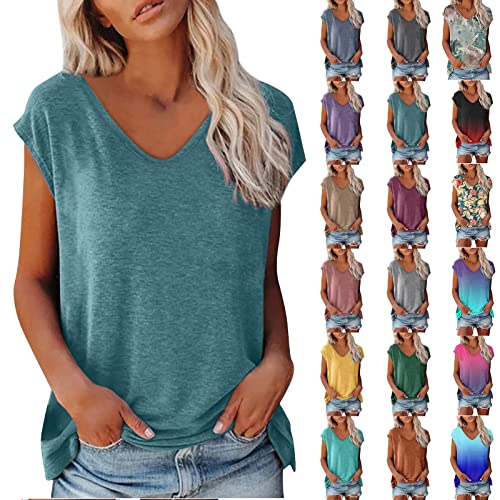 Bluse Damen Elegant Ärmellos T-Shirt Einfarbig Frauen Tops Shirt Frau Oberteile Sommer Tshirt V-Ausschnitte Casual Rundhals Aesthetic Teenager Mädchen Kleidung, Frauentag Angebote, Blau, L von CSKJ