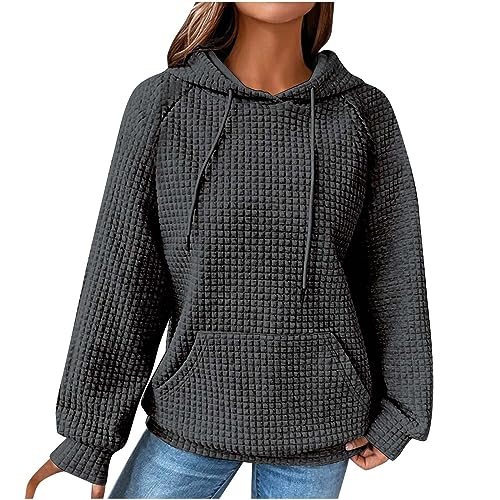 Bluse Damen Elegant - Kapuzenpullover Damen Vintage Waffel Pullover mit Kapuze Sweatshirt Casual Langarm Hoodie Langarmshirt Baumwolle Sport Kapuzenpulli Herbst Winter Warm Outwear, Dunkelgrau, M von CSKJ