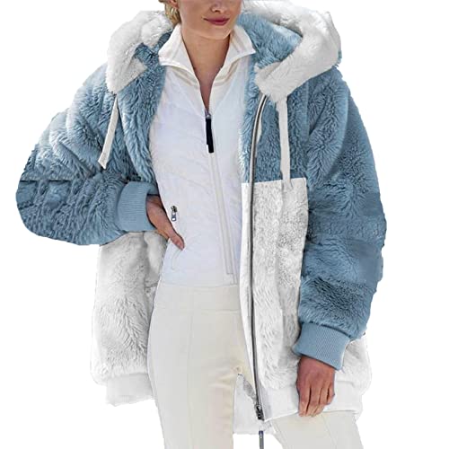 Bluse Damen Elegant - Winterjacke Damen Lang Warm Gefüttert Teddy Fleecejacke Mantel Kapuzenpullover Kuscheljacke Flauschig Plüschjacke Sweatshirt mit Kapuze Oversize Winterjacke, Blau, L von CSKJ