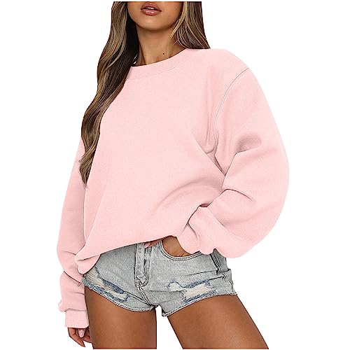 Bluse - Damen übergroße Sweatshirt mit Rundhalsausschnitt Kurz Pullover Loose Casual Oberteil Oversized Langarmshirt, Rosa, S von CSKJ