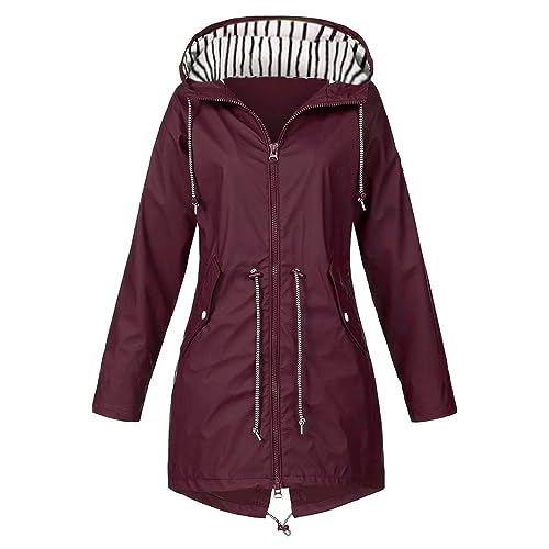 Bomberjacke - Regenjacke Damen Wasserdicht Atmungsaktiv Regenmantel Softshelljacke Lang Windbreaker Übergangsjacke Fahrrad Regenparka Leichte Windjacke Trenchcoat Wandern Regenkleidung, Weinrot, XL von CSKJ