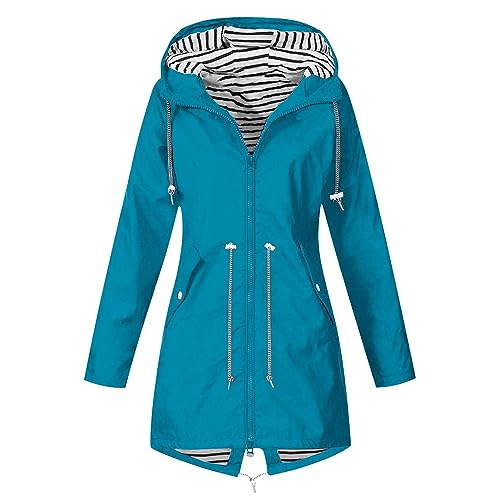 Bomberjacke - Regenjacke Damen Wasserdicht Atmungsaktiv Regenmantel Softshelljacke Lang Windbreaker Übergangsjacke Fahrrad Regenparka Leichte Windjacke Trenchcoat Wandern Regenkleidung, himmelblau, L von CSKJ