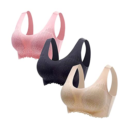 CSKJ 3 Pcs BH Damen Ohne Bügel Sport BH Bequem Nahtlose Unterwäsche Frauen Sehr Weich Push Up BHS Spitze für Schlafen Fitness Laufen Yoga Bustier, Angebote des Tages Heute Deal, Multicolor, XX-Large von CSKJ