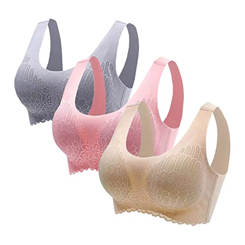 CSKJ 3 Pcs BH Damen Ohne Bügel Sport BH Bequem Nahtlose Unterwäsche Frauen Sehr Weich Push Up BHS Spitze für Schlafen Fitness Laufen Yoga Bustier Wohlfühl BHS, Sale Angebote, Multicolor, X-Large von CSKJ