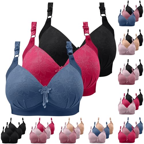 CSKJ 3er Pack BH Damen Ohne Bügel Bra Spitze Stickerei Dünn Bralette Große Brüste Push-Up-BH Klassische BHS Set Bequeme Atmungsaktiv Bralette Fitness Dessous für Alltag von CSKJ