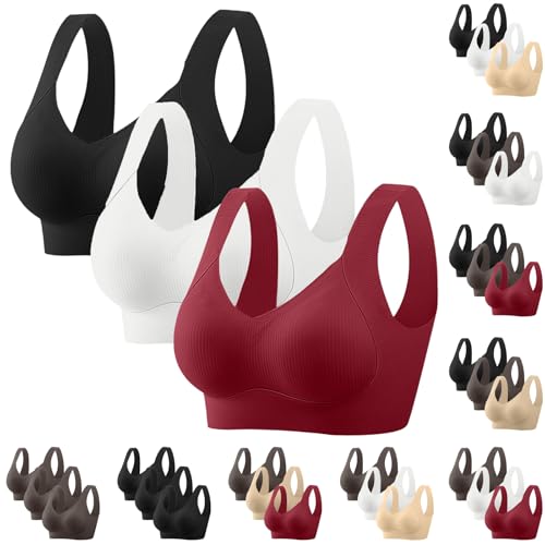 CSKJ 3er Pack BH Damen ohne Bügel Push Up Nahtloser Bra Starker Halt Große Brüste Soft Bequem Bralette Klassische Seamless BHS Verstellbar Unterwäsche für Alltag von CSKJ
