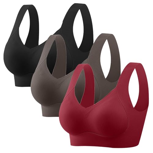 CSKJ 3er Pack BH Damen ohne Bügel Push Up Nahtloser Bra Starker Halt Große Brüste Soft Bequem Bralette Klassische Seamless BHS Verstellbar Unterwäsche für Alltag von CSKJ