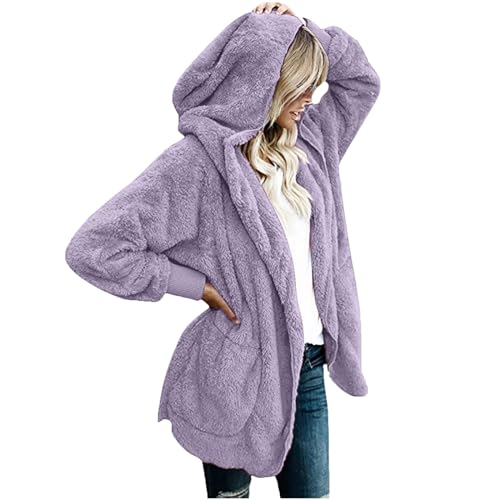 CSKJ Aesthetic Damen Mantel Plüschjacke Hoodie Jacke Oversize Wintermantel Kurzmantel Warm Cardigan Kapuzenjacke Winterjacke mit Taschen, Lila, XXL von CSKJ