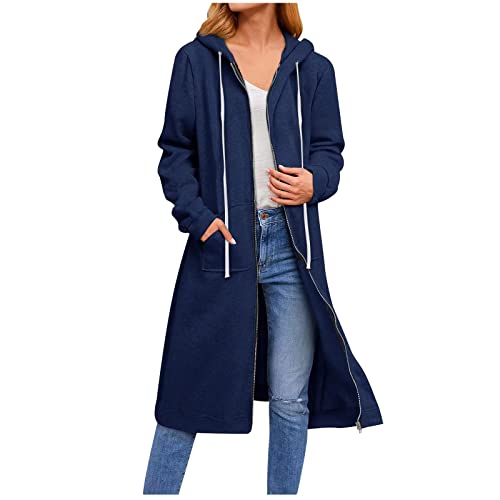 CSKJ Amazon Basics - Damen Lange Hoodie Zip Sweatjacke Langarmshirt Kapuzenpullover mit Reißverschluss Sweatshirtjacke Pullover Oberteile Kapuzenpullover mit Tasche, Marineblau, M von CSKJ