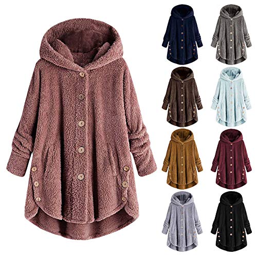 CSKJ Amazon Basics - Plüschjacke Damen Wollmantel Teddy Fleecejacke Winterjacke Lang Warm Gefüttert Fleecemantel Lässige Kuscheljacke Flauschig Wintermantel Kapuzenjacke mit Taschen Knopf, Rosa, M von CSKJ